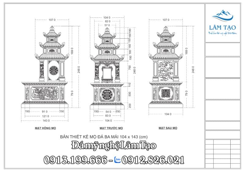 Bản vẽ thiết kế lăng mộ ba mái kích thước 104x143